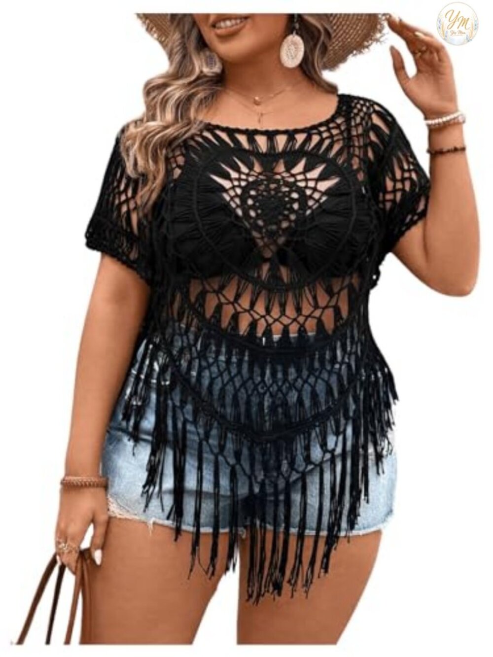 Plus Size Hollow Out Knitted Crochet Top, Sheer Fringe Scoop Neck Short Sleeve